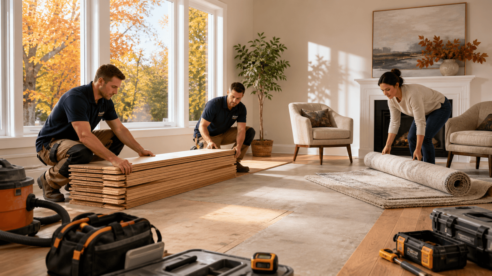 Warm, sunlit room with stacked wood planks, tools, and autumn leaves near a large window.