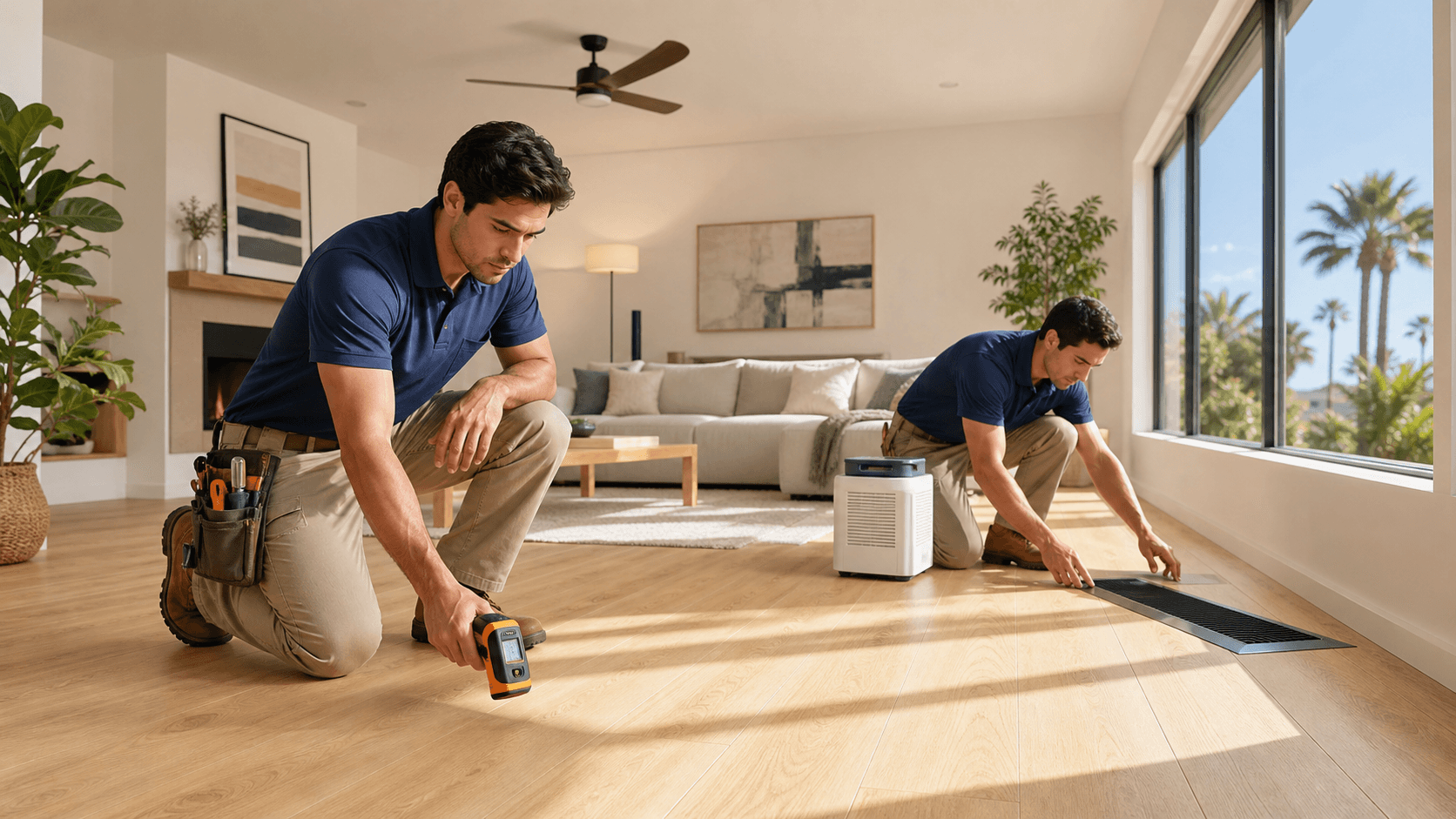 Sunlit room with pale laminate flooring, a floor fan by a window, and a digital thermometer showing high heat.