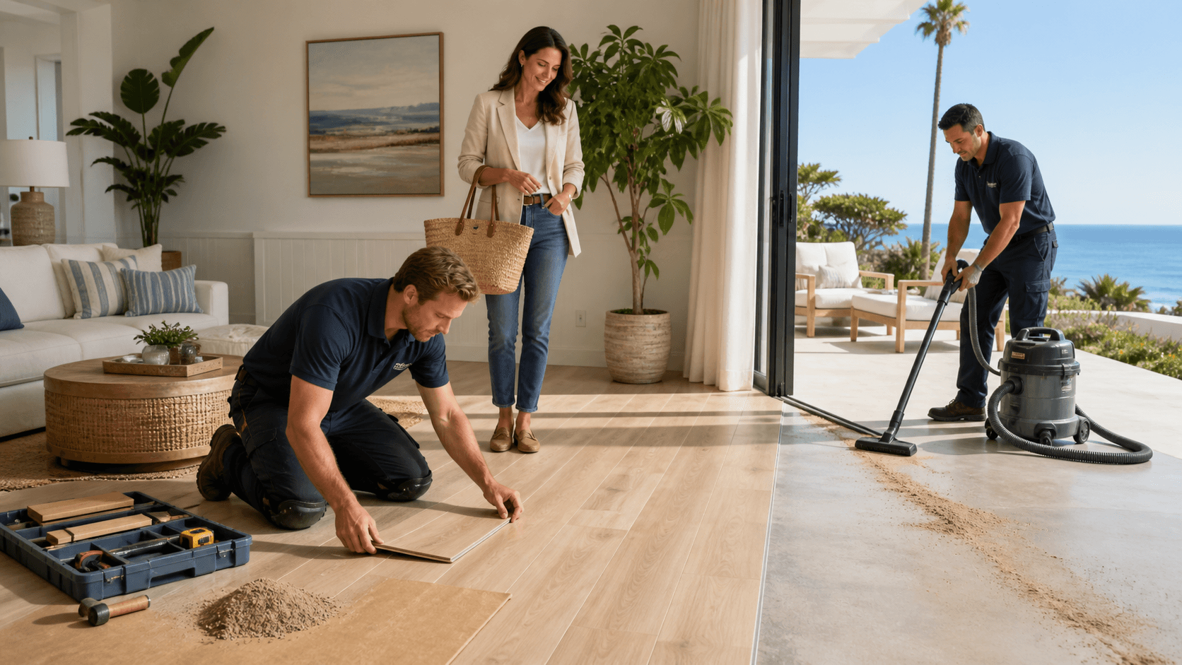 Sunlit coastal living room with light oak-look vinyl flooring, scattered sand near a glass door, and ocean-view decor.