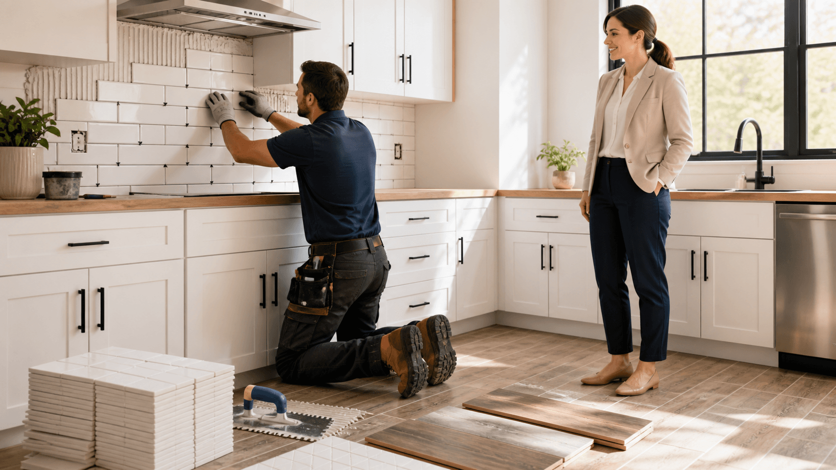 Bright modern rental kitchen with white subway tile backsplash, wood cabinets, and warm natural light.